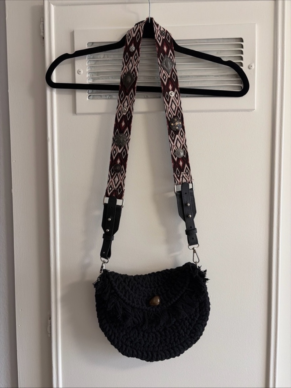 Free People Black Woven Crossbody with Trible Print Patterned Strap Macrame Boho